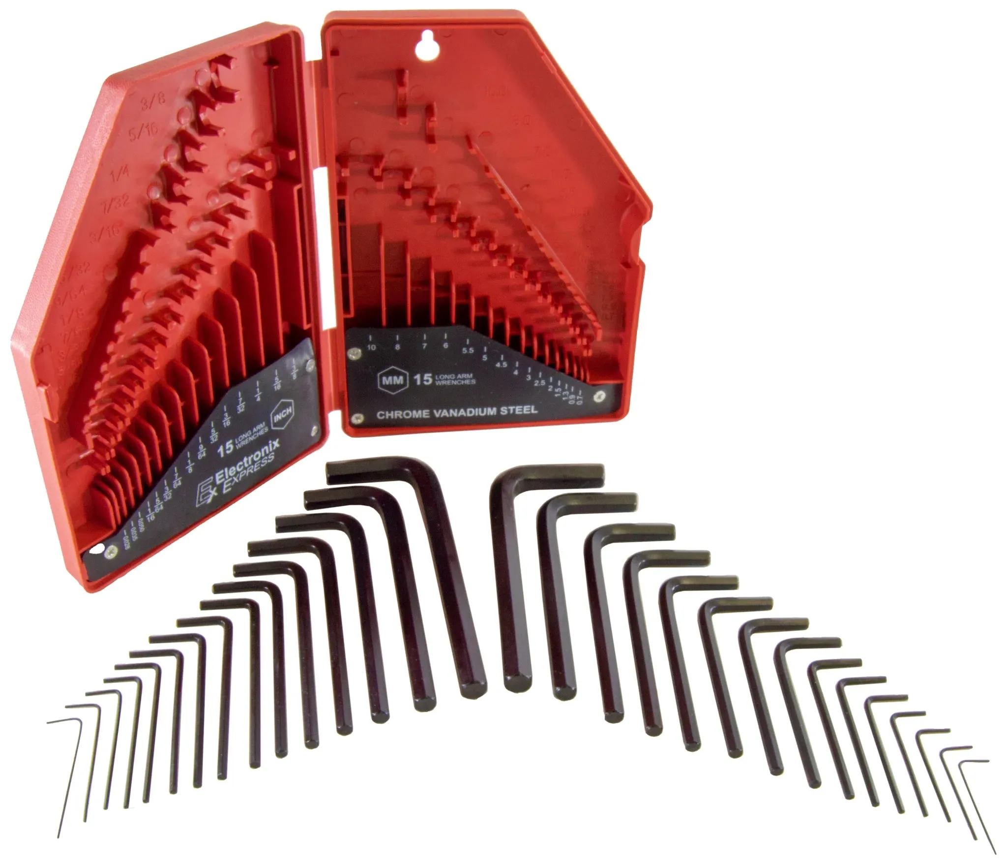 30 Piece Hex Wrench Set, Popular Inches and Metric Sizes with Red Storage Case