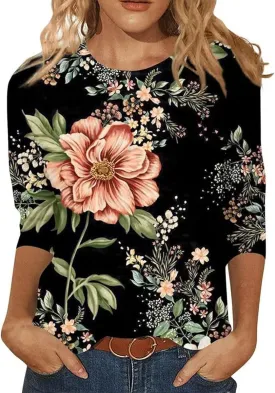 3/4 Length Sleeve Womens Tops 2025 Crewneck Casual Tunic Tops Loose Fit Boho Clothes Floral Print Summer T Shirts