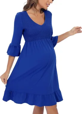 3/4 Sleeve Maternity Dress, V Neck Fall Casual Smocked Flowy Midi Dress for Baby Shower Photoshoot