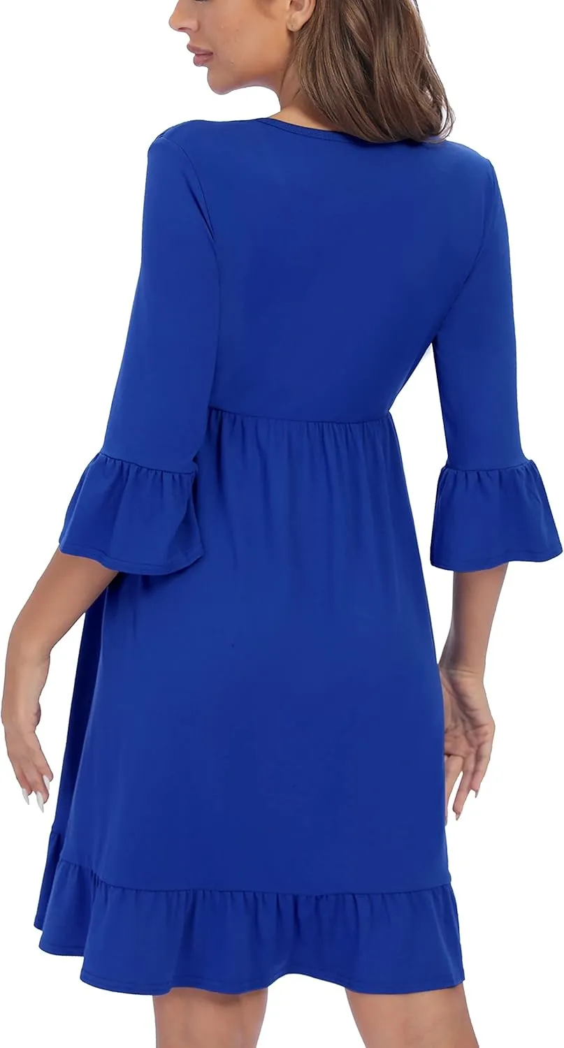 3/4 Sleeve Maternity Dress, V Neck Fall Casual Smocked Flowy Midi Dress for Baby Shower Photoshoot