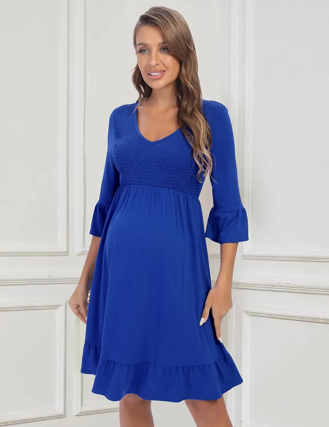 3/4 Sleeve Maternity Dress, V Neck Fall Casual Smocked Flowy Midi Dress for Baby Shower Photoshoot