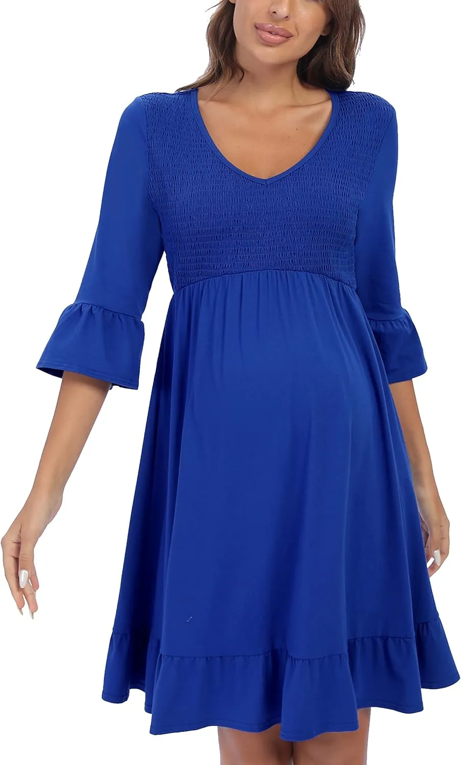 3/4 Sleeve Maternity Dress, V Neck Fall Casual Smocked Flowy Midi Dress for Baby Shower Photoshoot