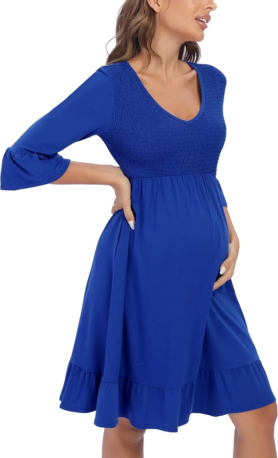3/4 Sleeve Maternity Dress, V Neck Fall Casual Smocked Flowy Midi Dress for Baby Shower Photoshoot
