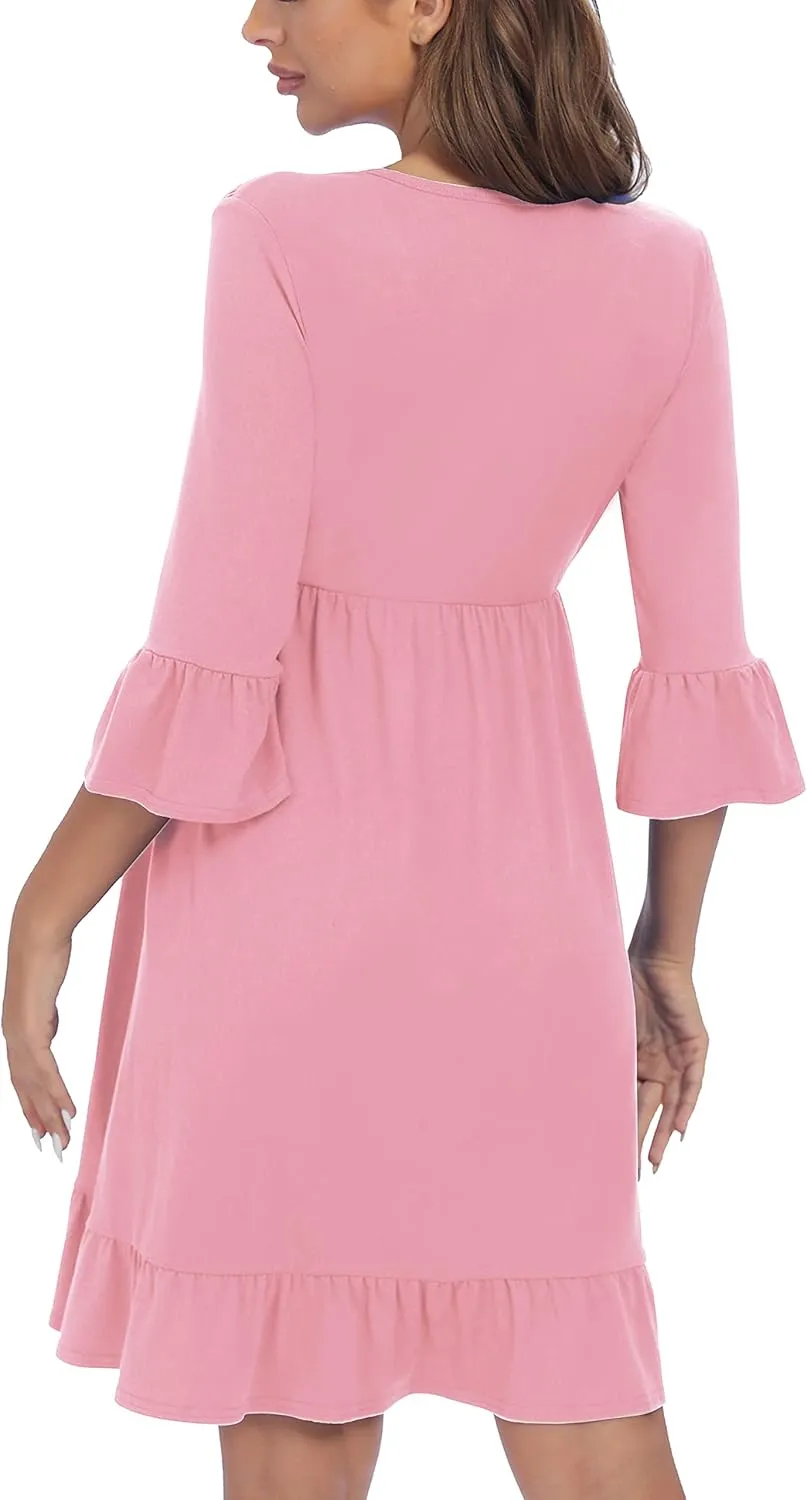 3/4 Sleeve Maternity Dress, V Neck Fall Casual Smocked Flowy Midi Dress for Baby Shower Photoshoot