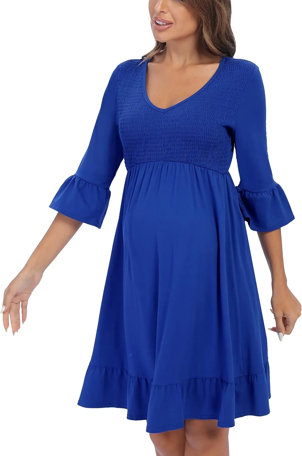 3/4 Sleeve Maternity Dress, V Neck Fall Casual Smocked Flowy Midi Dress for Baby Shower Photoshoot