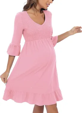 3/4 Sleeve Maternity Dress, V Neck Fall Casual Smocked Flowy Midi Dress for Baby Shower Photoshoot