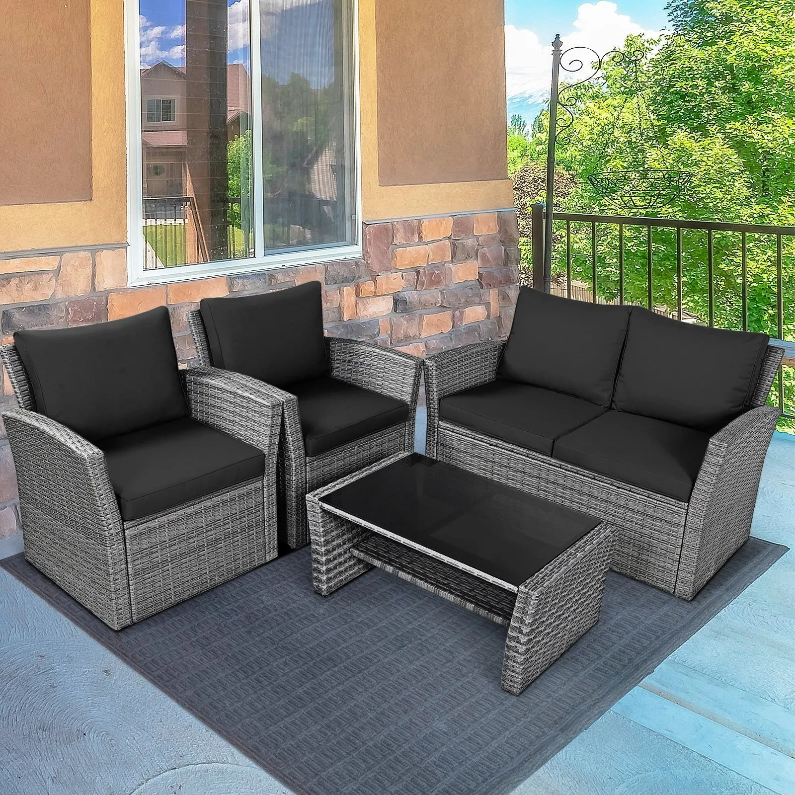 4pc Wicker Rattan Patio Furniture Set with Table - Black