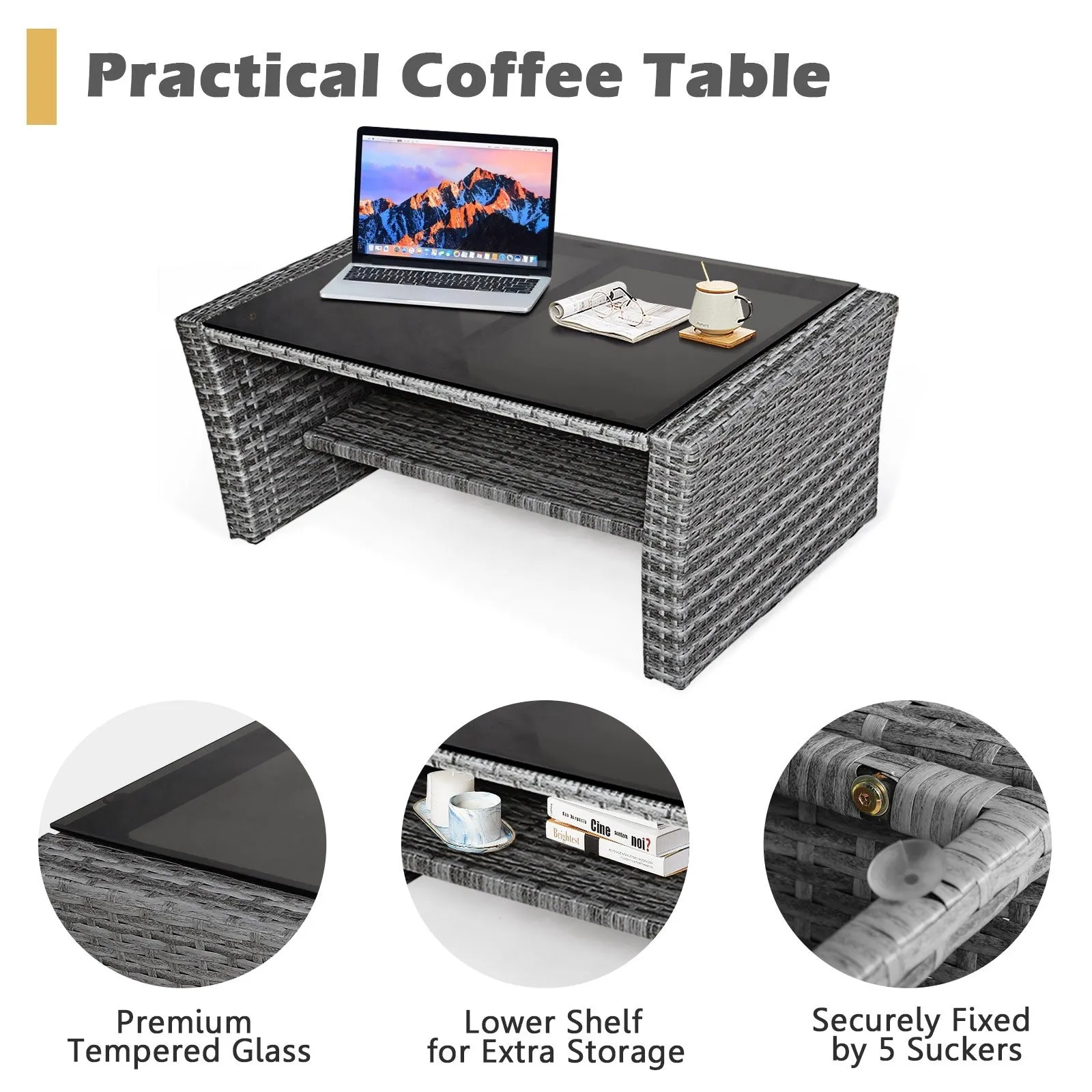4pc Wicker Rattan Patio Furniture Set with Table - Black