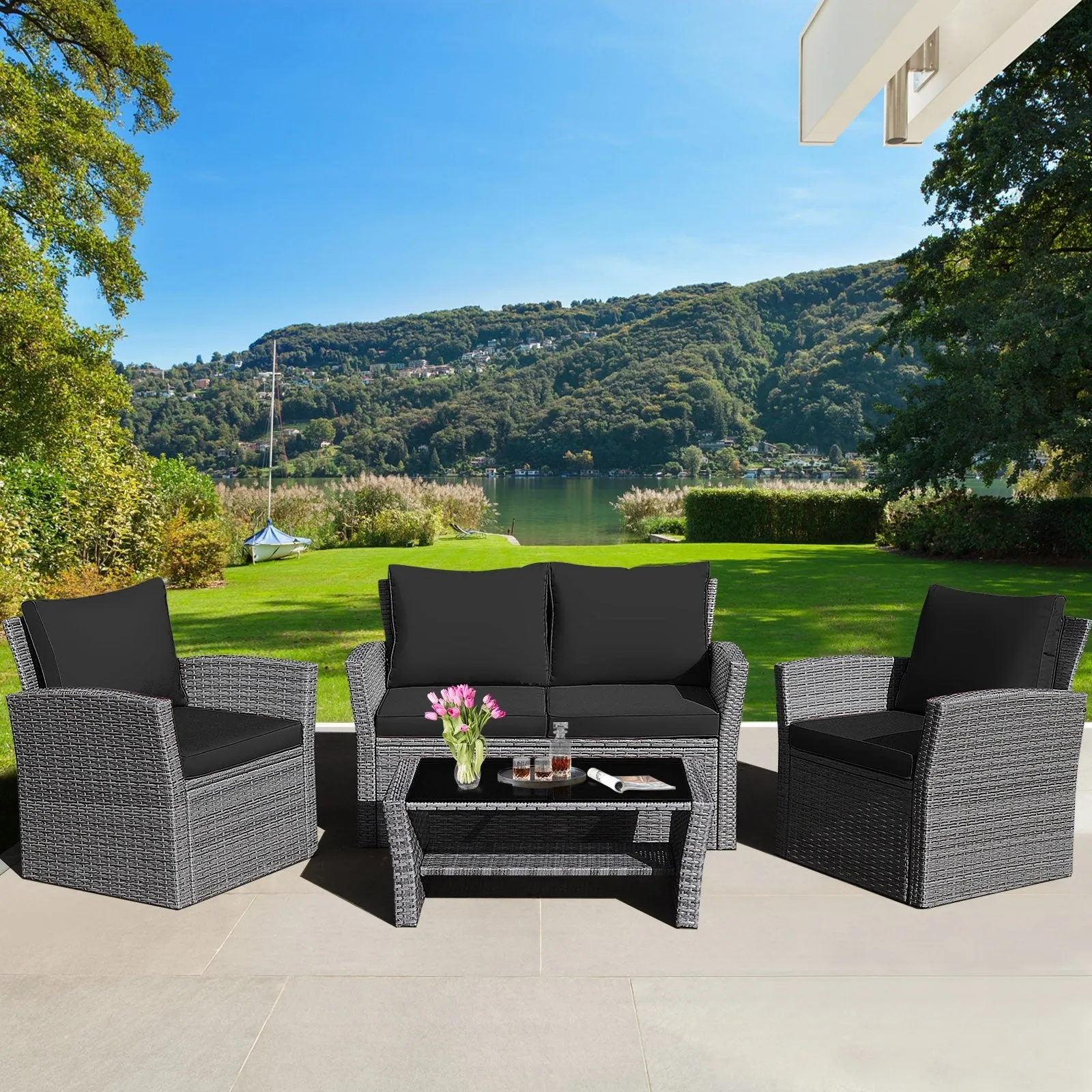 4pc Wicker Rattan Patio Furniture Set with Table - Black