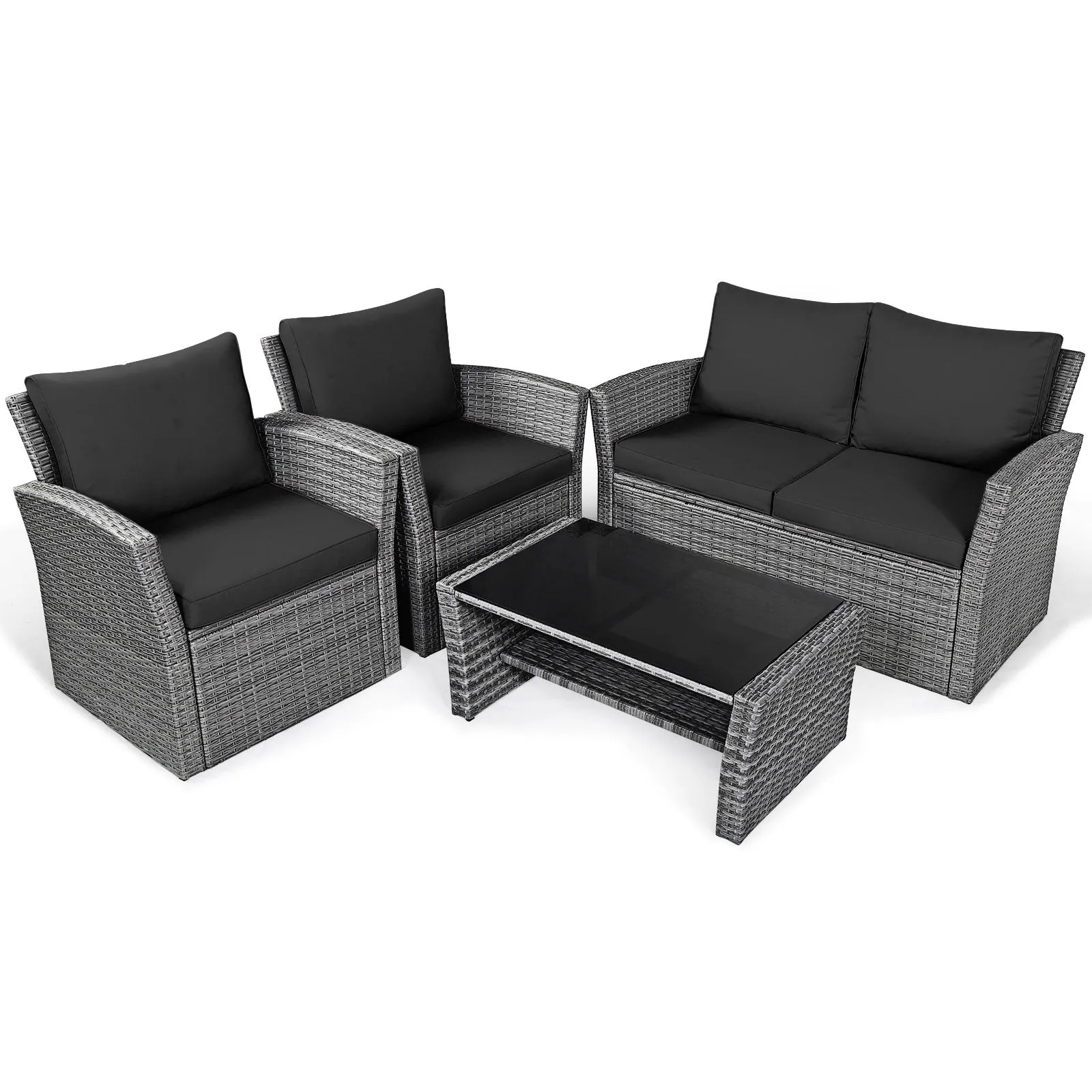 4pc Wicker Rattan Patio Furniture Set with Table - Black