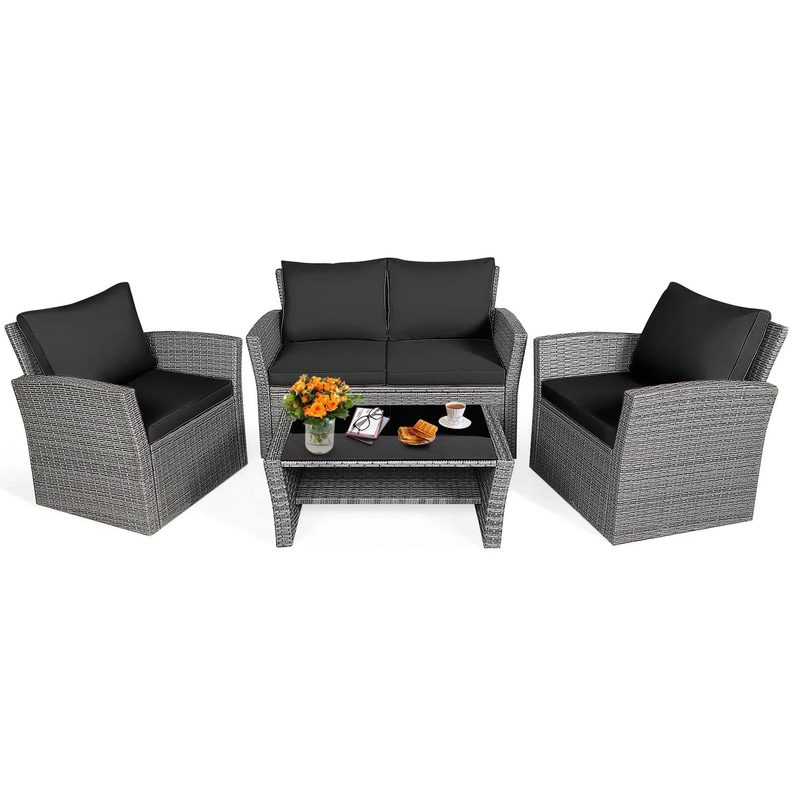 4pc Wicker Rattan Patio Furniture Set with Table - Black