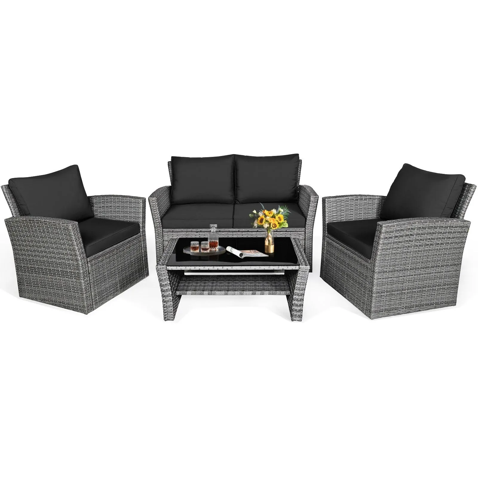 4pc Wicker Rattan Patio Furniture Set with Table - Black