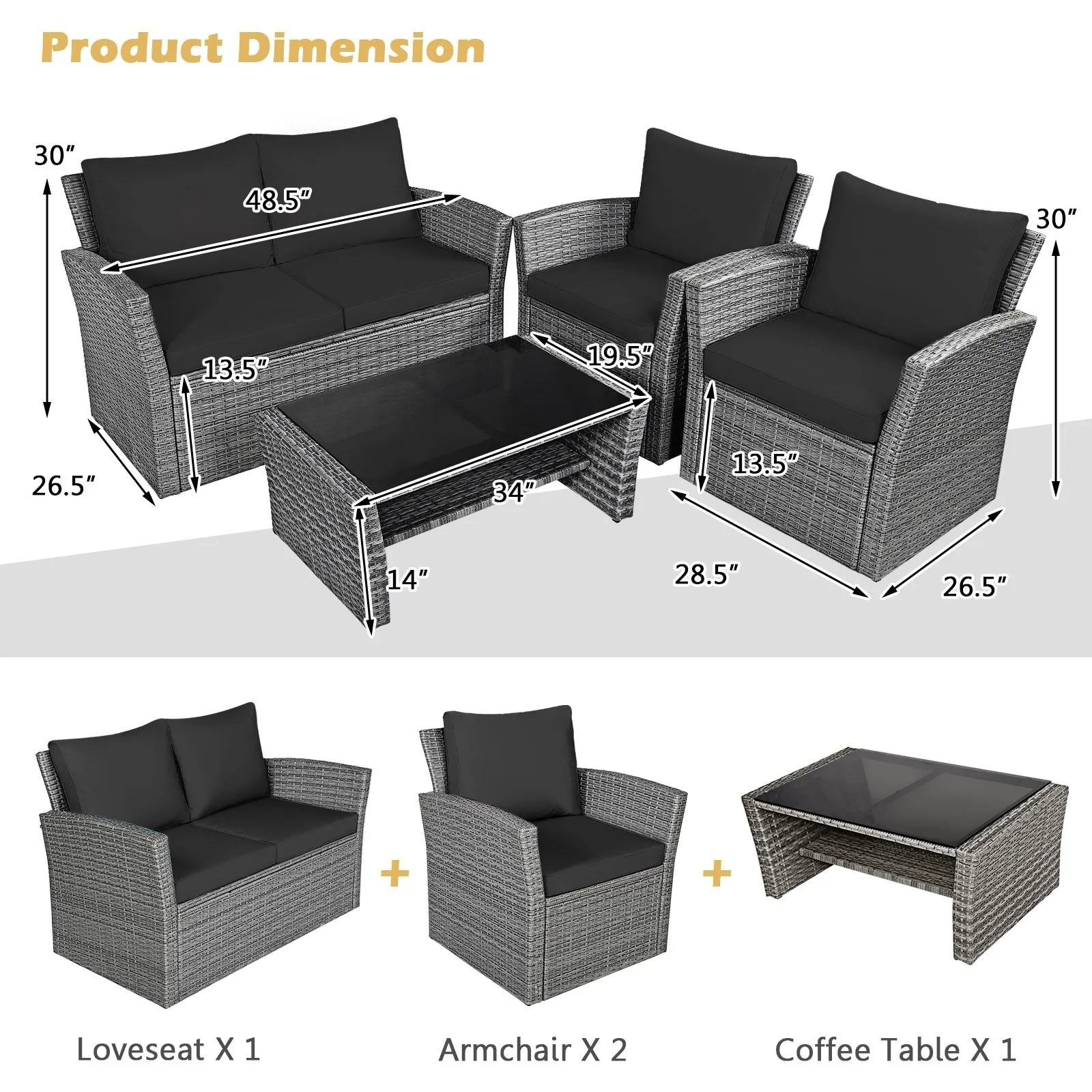 4pc Wicker Rattan Patio Furniture Set with Table - Black