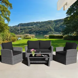 4pc Wicker Rattan Patio Furniture Set with Table - Black