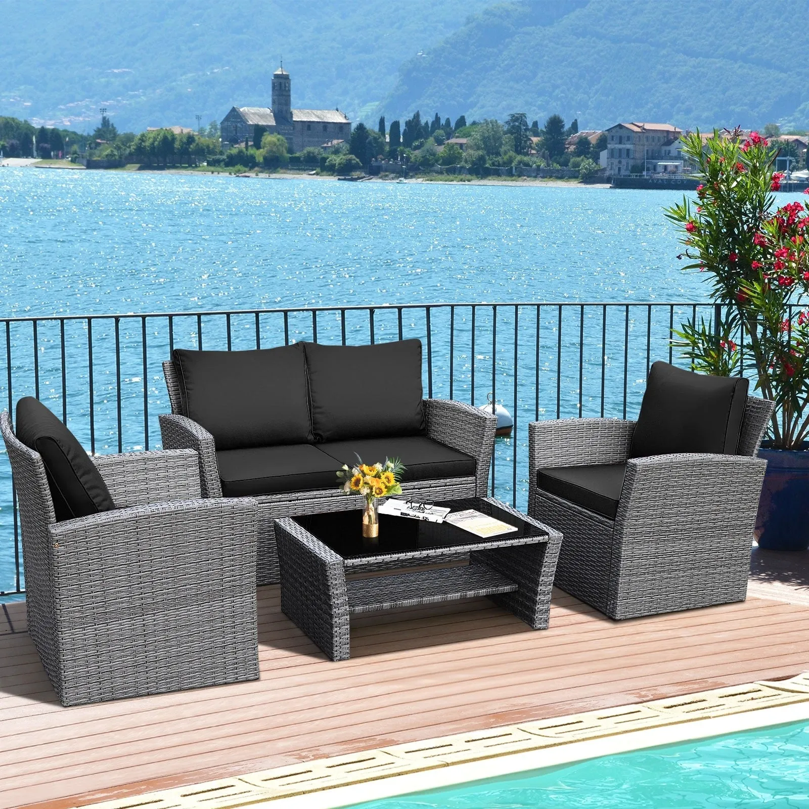 4pc Wicker Rattan Patio Furniture Set with Table - Black