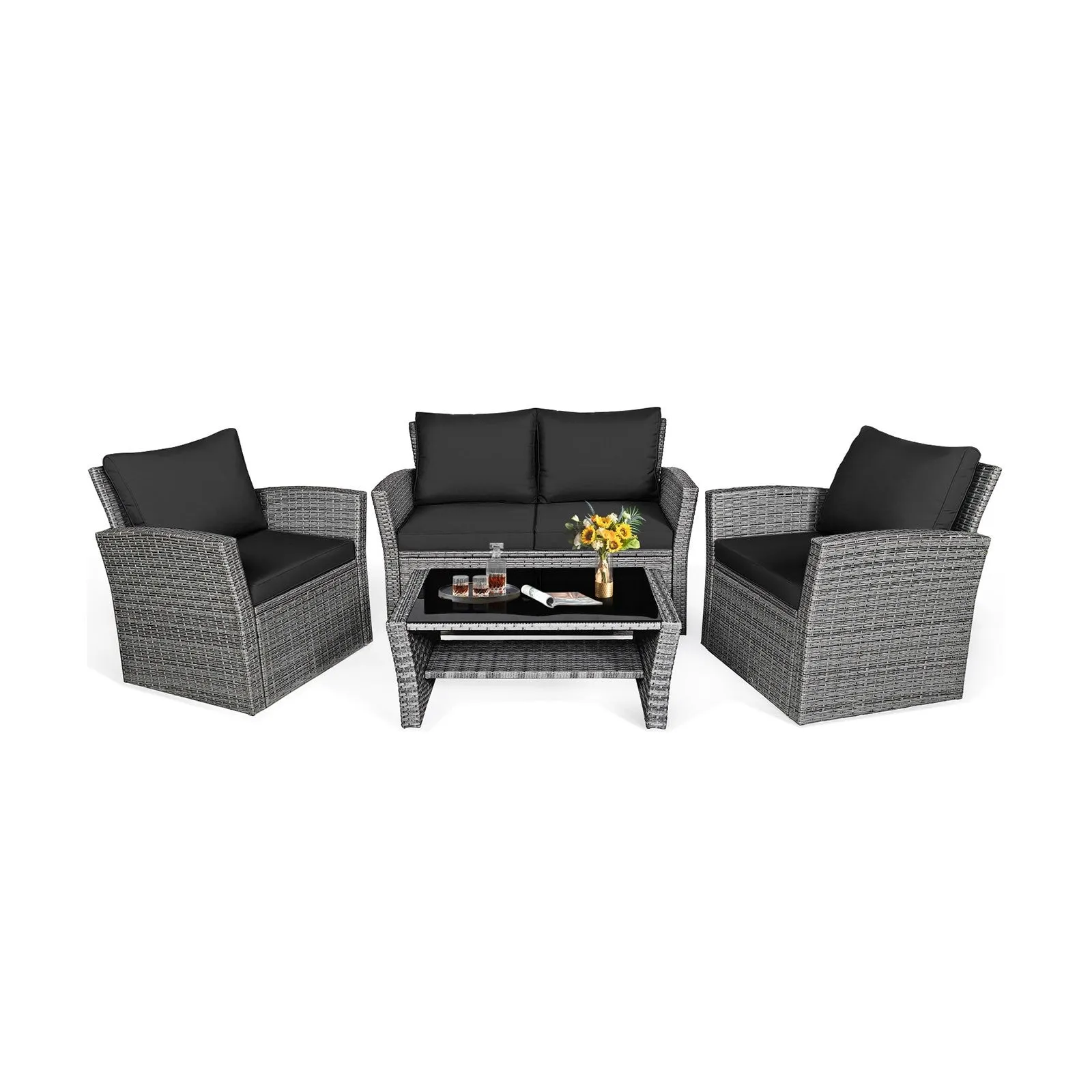 4pc Wicker Rattan Patio Furniture Set with Table - Black