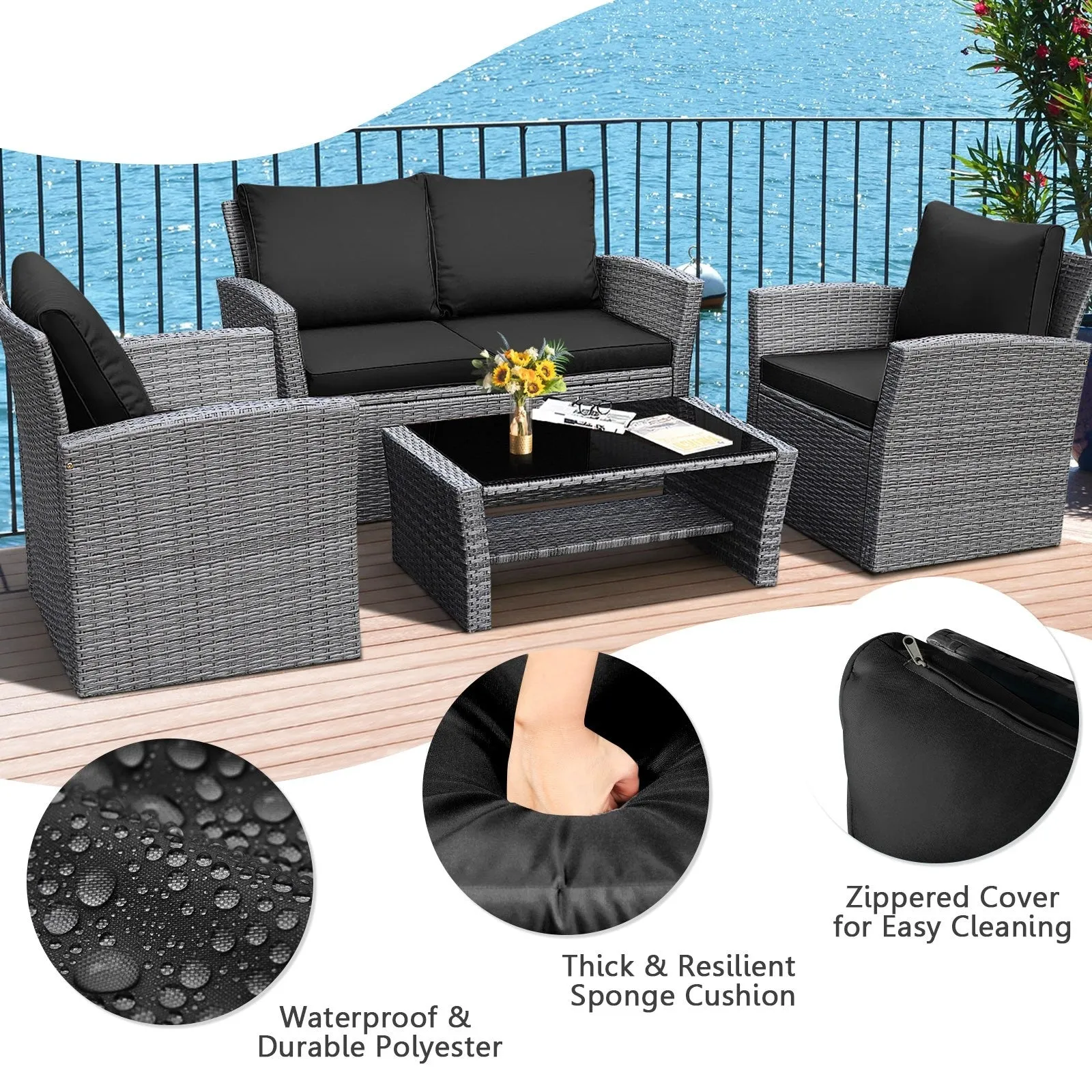 4pc Wicker Rattan Patio Furniture Set with Table - Black