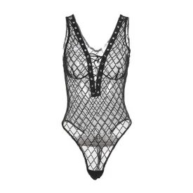 Alternative Goth 'Bad Girl' Black Fishnet Lace Up Black Bodysuit