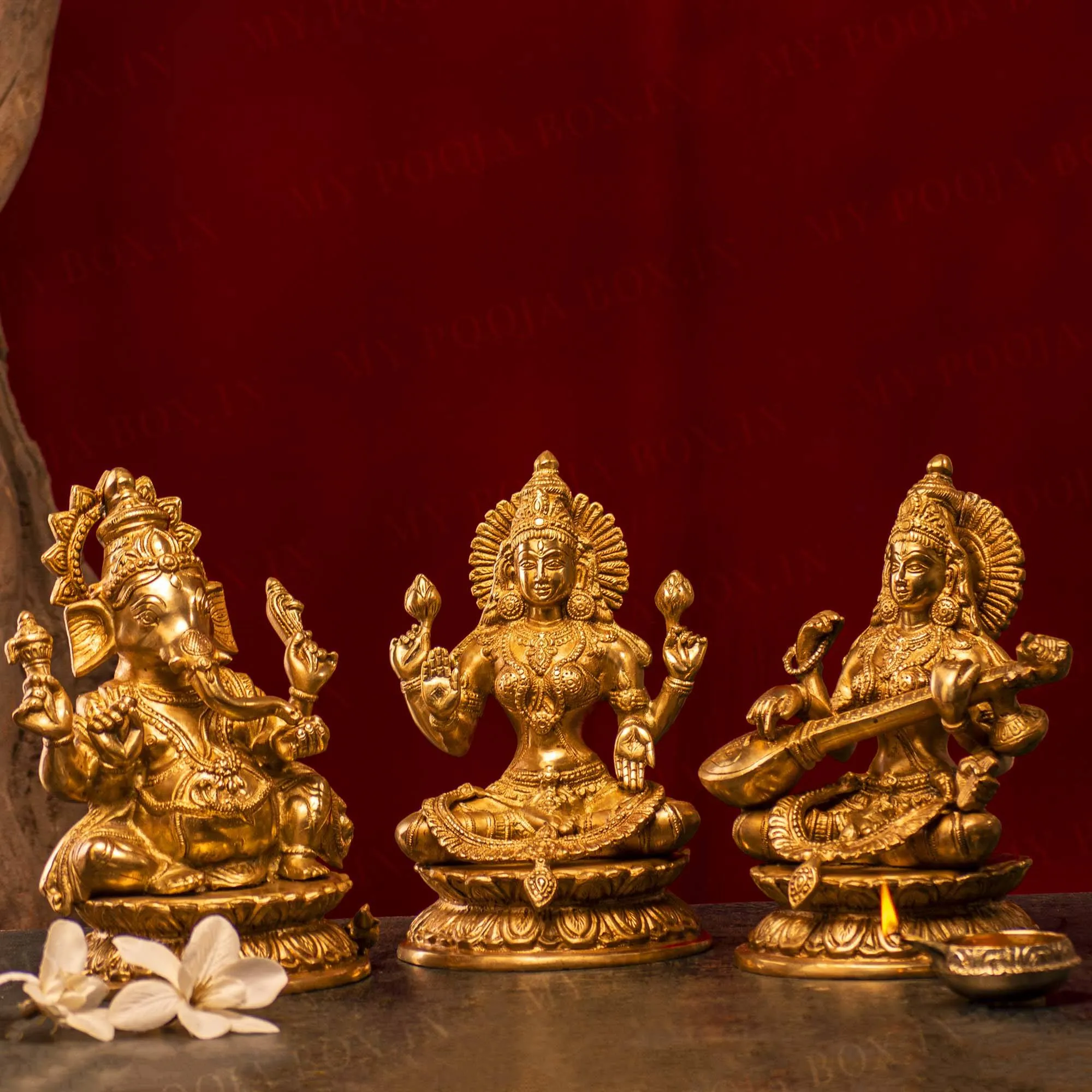 Antique Brass Gold Finish Ganesha Laxmi and Saraswati Idol