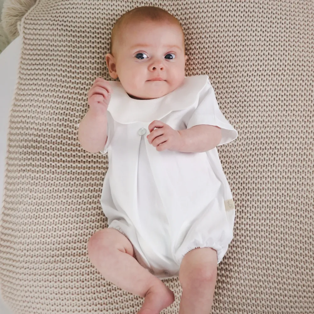 Baby Gi White Cotton Romper with Pique Collar