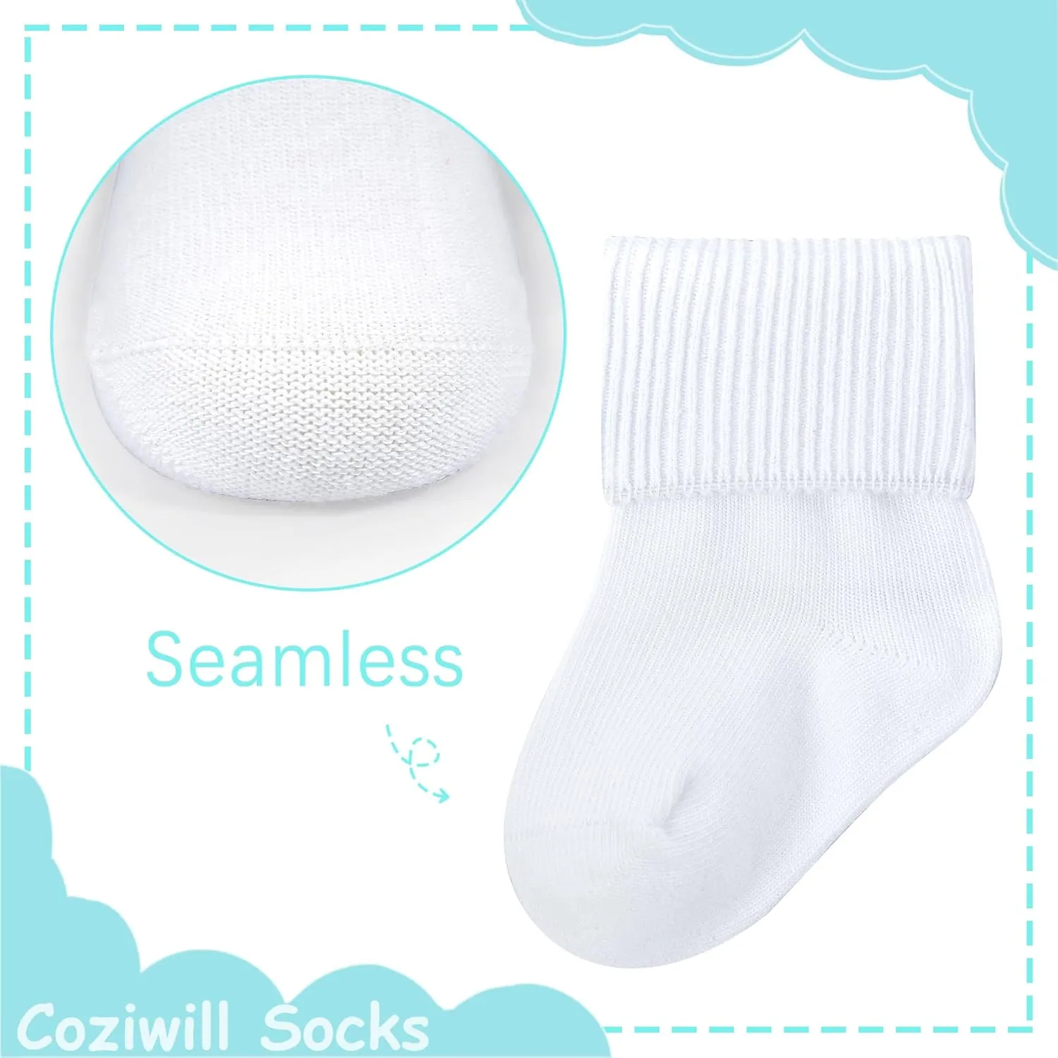 Baby Socks Newborn Seamless Crew Socks Infant Turn Cuff Socks Baptism Christening Baby Girls Boys 0-3/3-12 months 6/12 Pack