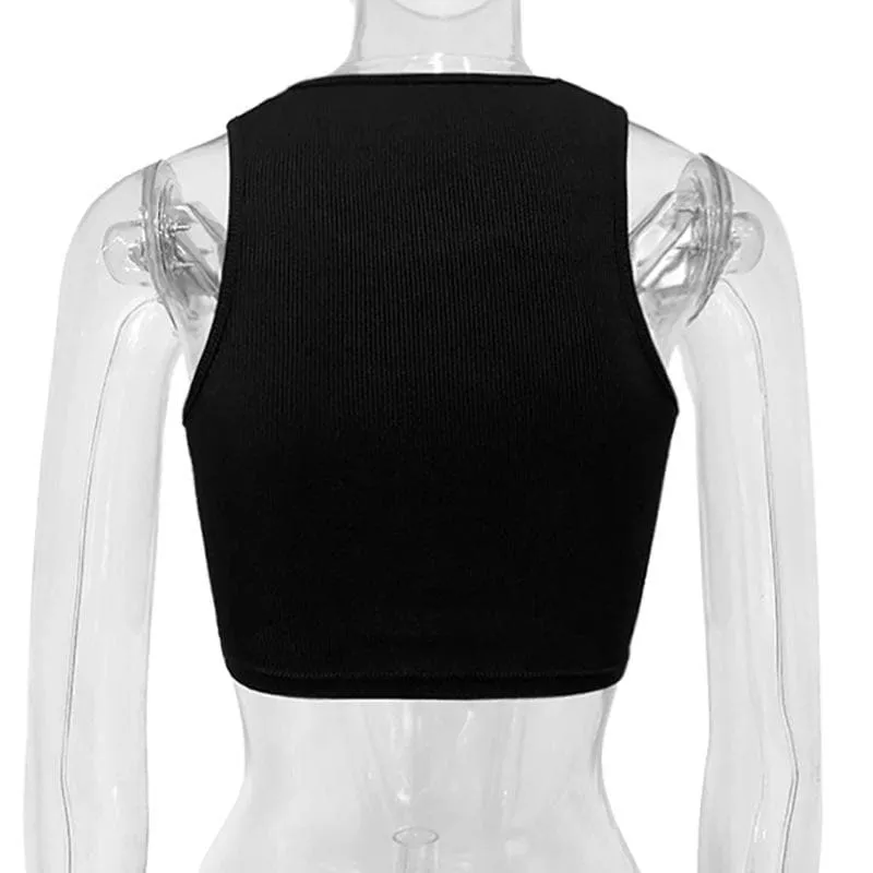 BerryBetty - Beaded butterfly pattern ribbed solid sleeveless crop top