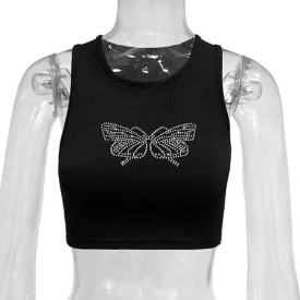 BerryBetty - Beaded butterfly pattern ribbed solid sleeveless crop top