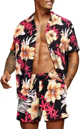 COOFANDY Men's Hawaiian Matching Set Summer Beach 2 Piece Outfits Flower Button Down Shirts and Shorts Vacation Outfits