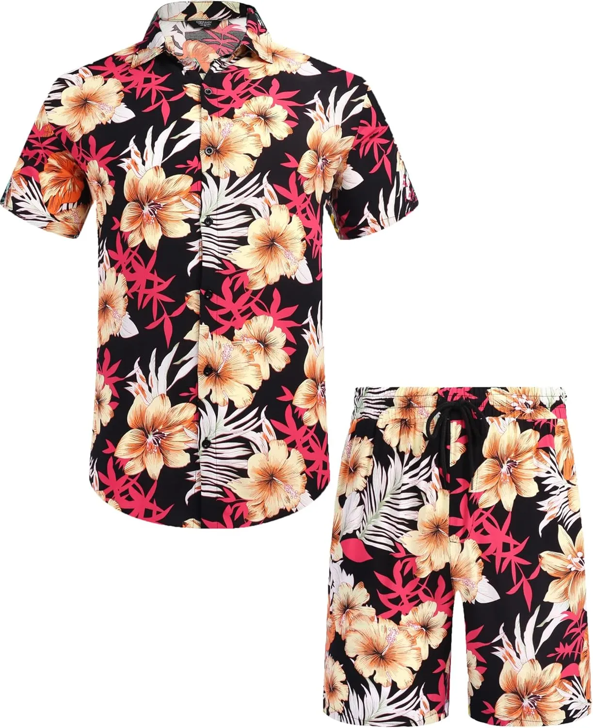COOFANDY Men's Hawaiian Matching Set Summer Beach 2 Piece Outfits Flower Button Down Shirts and Shorts Vacation Outfits