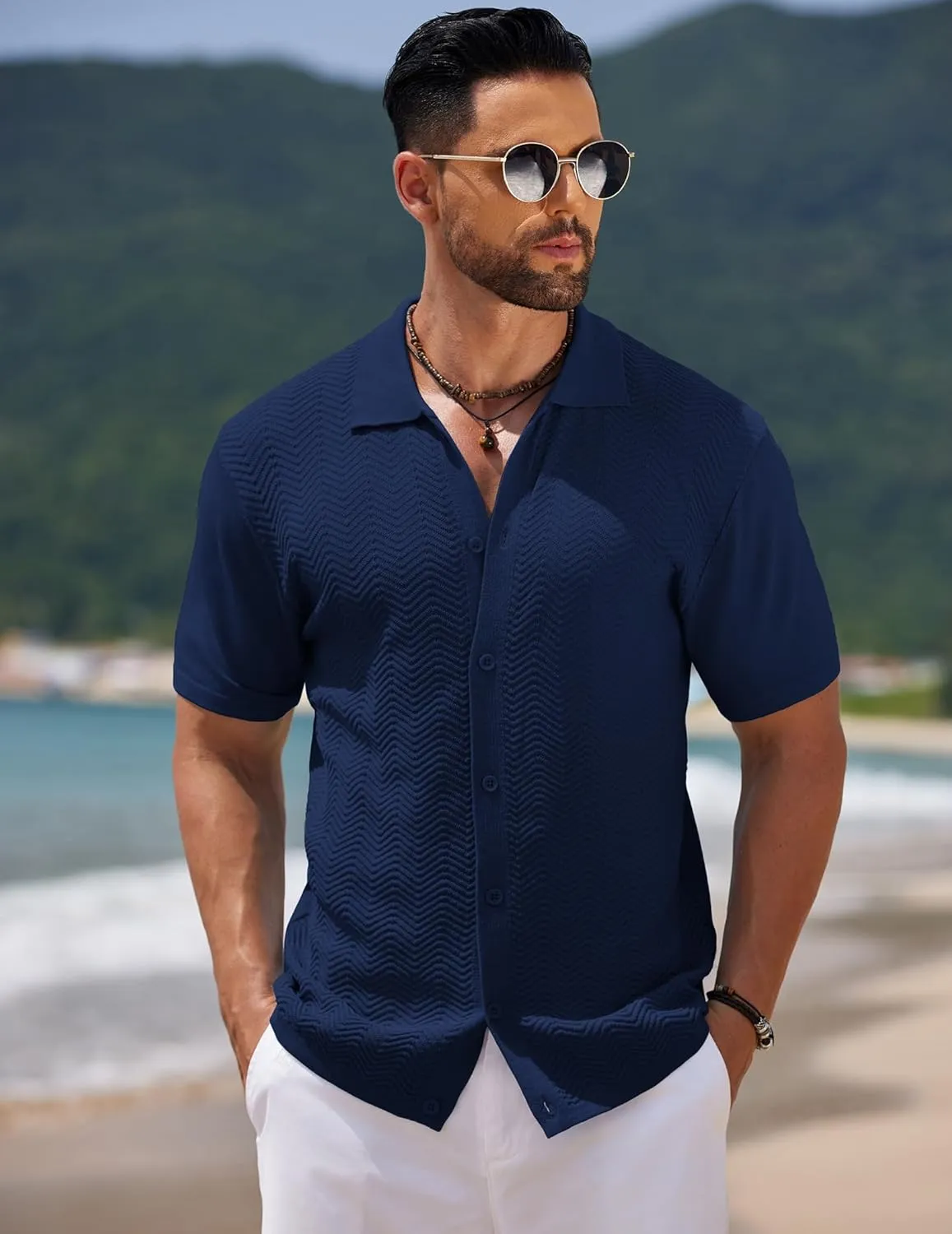 COOFANDY Mens Knit Short Sleeve Shirt Casual Button Down Shirt Vintage Fashion Polo Shirts Crochet Summer Beach Shirts
