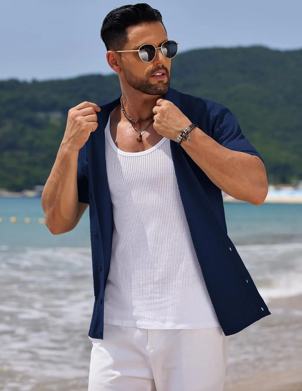 COOFANDY Mens Knit Short Sleeve Shirt Casual Button Down Shirt Vintage Fashion Polo Shirts Crochet Summer Beach Shirts