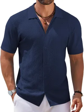 COOFANDY Mens Knit Short Sleeve Shirt Casual Button Down Shirt Vintage Fashion Polo Shirts Crochet Summer Beach Shirts