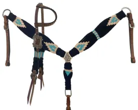 Corded Teal, Cream, & Black One Ear Headstall Set