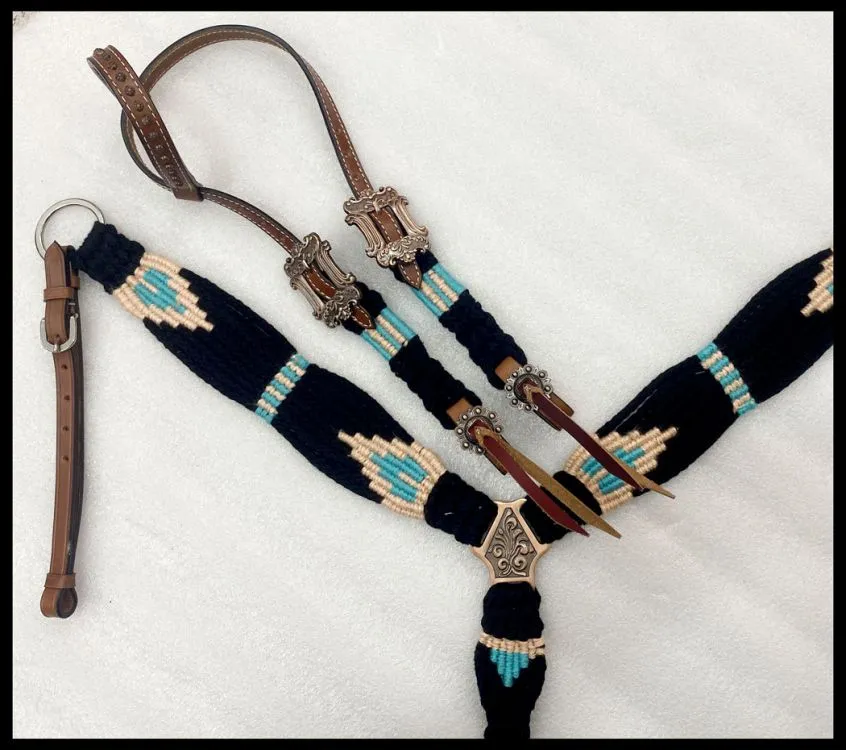 Corded Teal, Cream, & Black One Ear Headstall Set