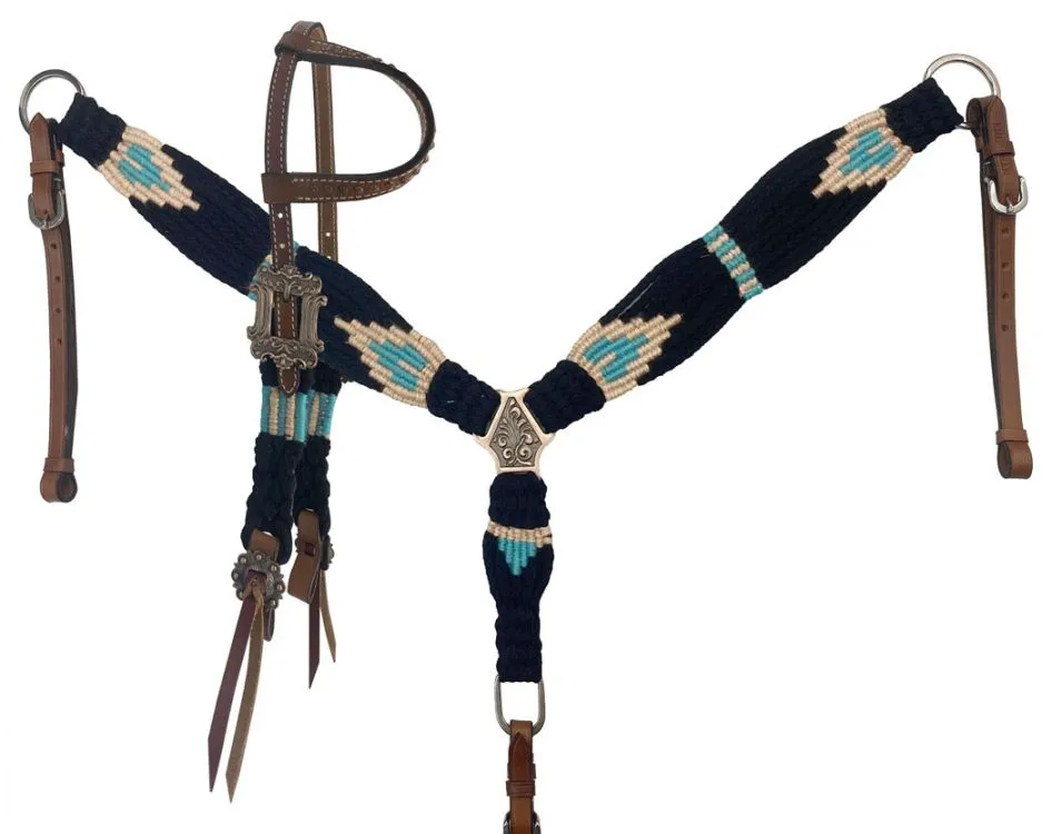 Corded Teal, Cream, & Black One Ear Headstall Set