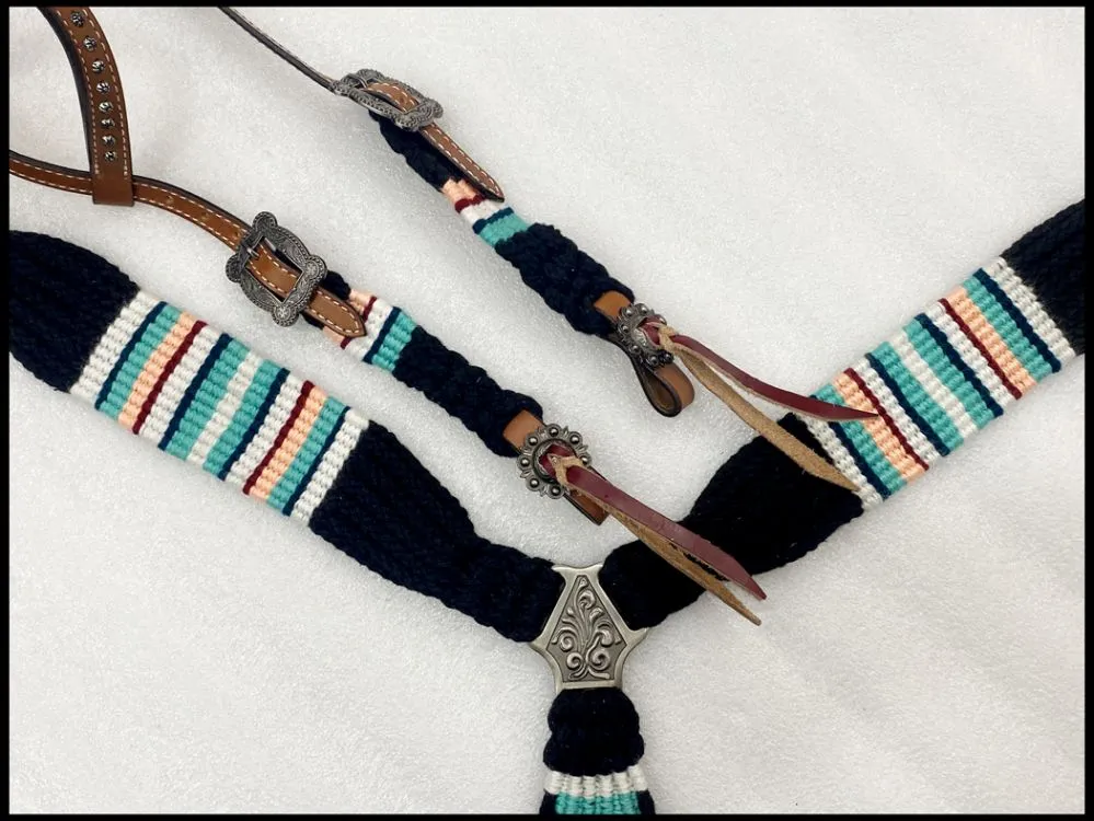 Corded Teal, Cream, & Black One Ear Headstall Set