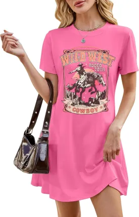Cowgirl Western Dress for Women Rodeo Cowboy Graphic Tees Vintage Country Western Outfits Casual Short Sleeve Dresses