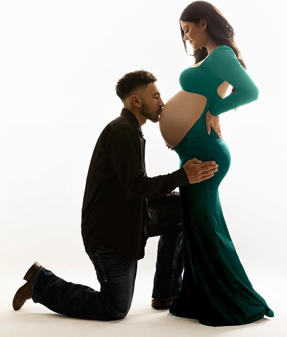 Dedysler Cut Out Maternity Dress for Photos Open Belly Long Sleeve Photography Gown Square Neck Maternity Outfit Dresses