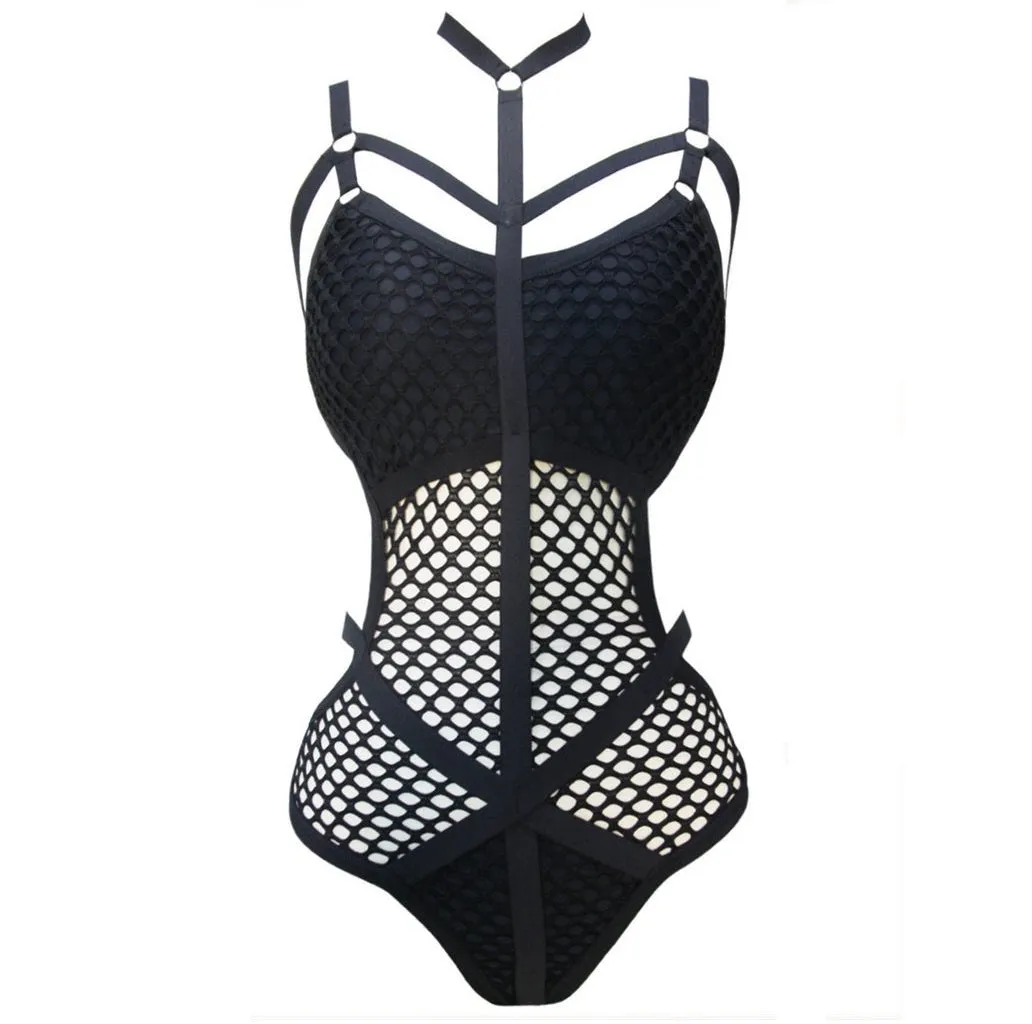 'Dragula' Black Gothic Fishnet Harness Bodysuit