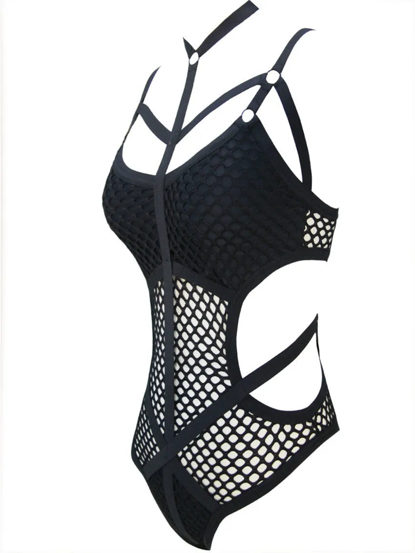 'Dragula' Black Gothic Fishnet Harness Bodysuit