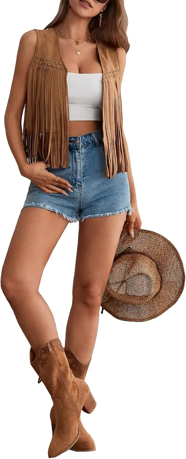 GORGLITTER Women's Tassel Fringe Sleeveless Vest Fringe Suede 70s Hippie Jacket Outfits