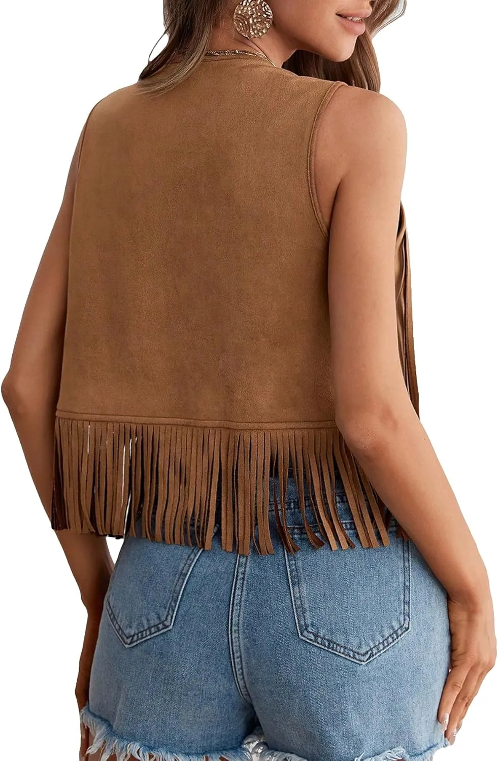 GORGLITTER Women's Tassel Fringe Sleeveless Vest Fringe Suede 70s Hippie Jacket Outfits
