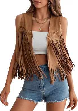 GORGLITTER Women's Tassel Fringe Sleeveless Vest Fringe Suede 70s Hippie Jacket Outfits