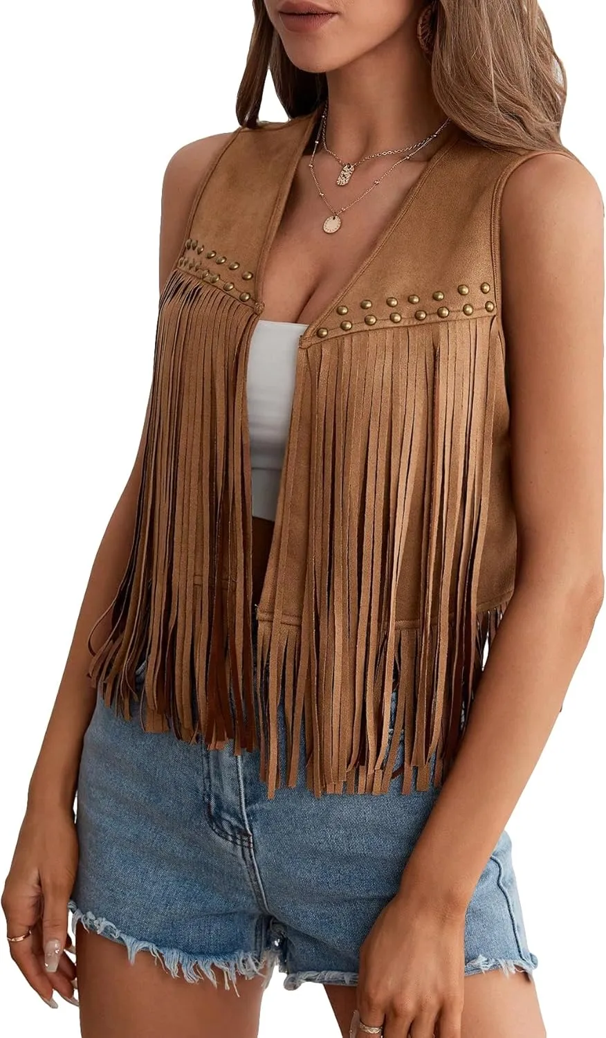 GORGLITTER Women's Tassel Fringe Sleeveless Vest Fringe Suede 70s Hippie Jacket Outfits