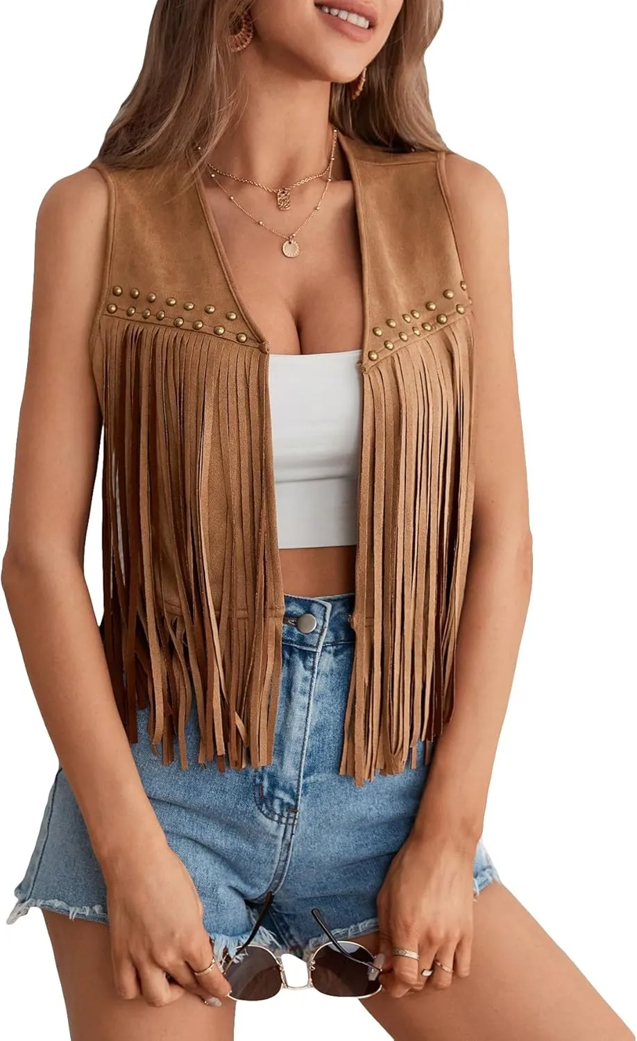GORGLITTER Women's Tassel Fringe Sleeveless Vest Fringe Suede 70s Hippie Jacket Outfits