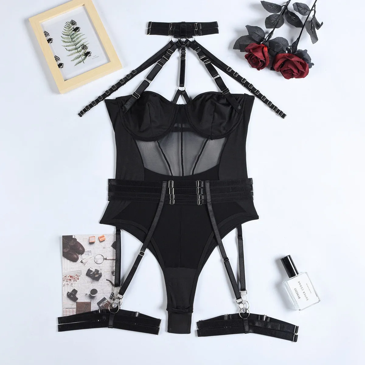 'Guiding Light' Black Alt Goth Bodysuit Suspender Set