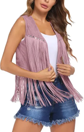 HOTLOOX Womens Fringe Vest 70s Hippie Clothes Sleeveless Faux Suede Tassel Cowgirl Western Outfits S-XXL