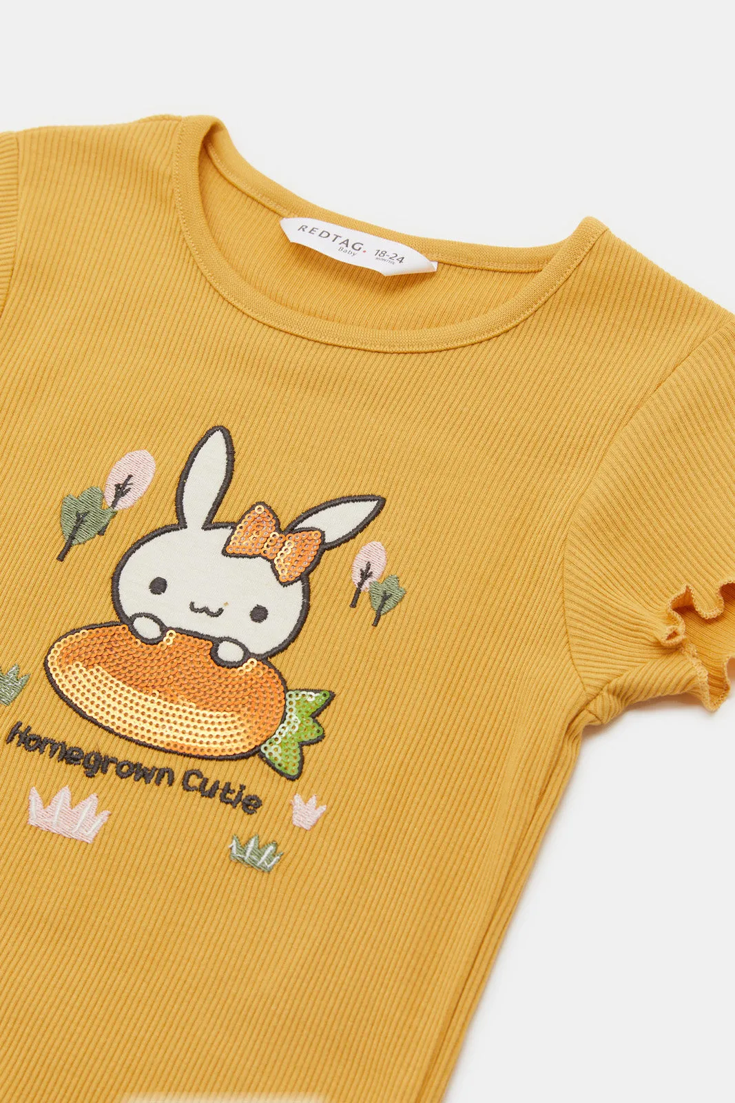 Infant Girls Mustard Solid Ribbed T-Shirt