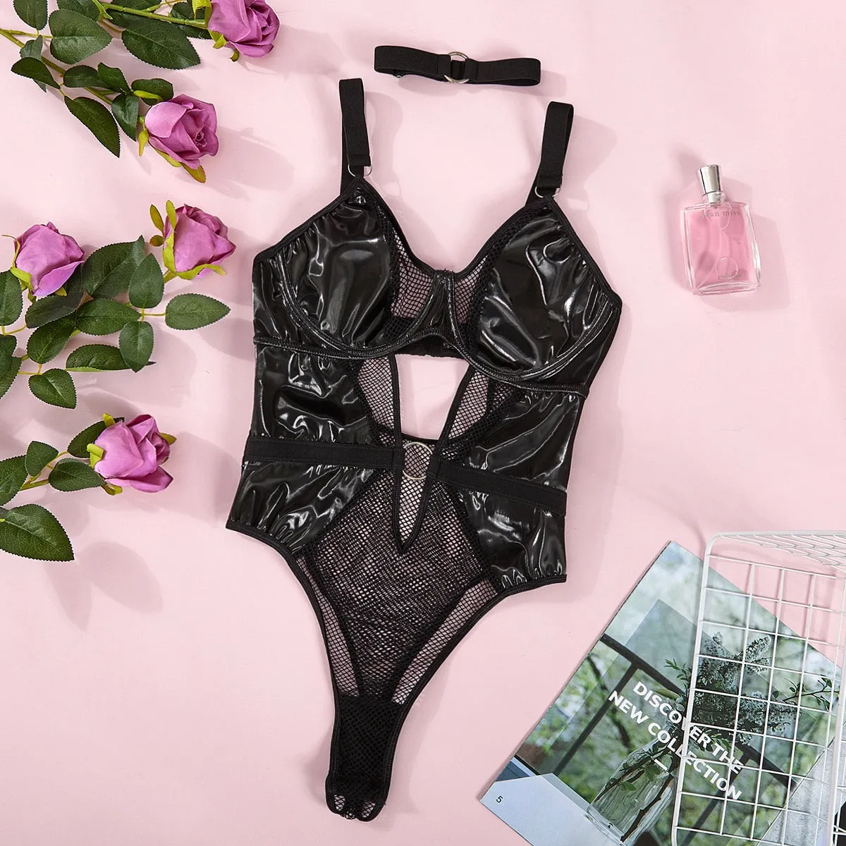 'Into The Night' Black Goth Alt Latex Bodysuit WIth Mesh Collar