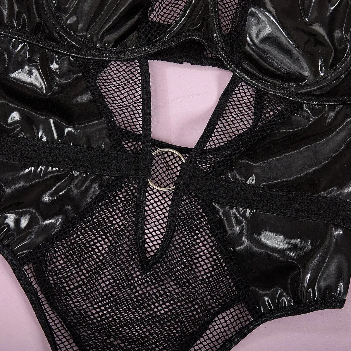 'Into The Night' Black Goth Alt Latex Bodysuit WIth Mesh Collar